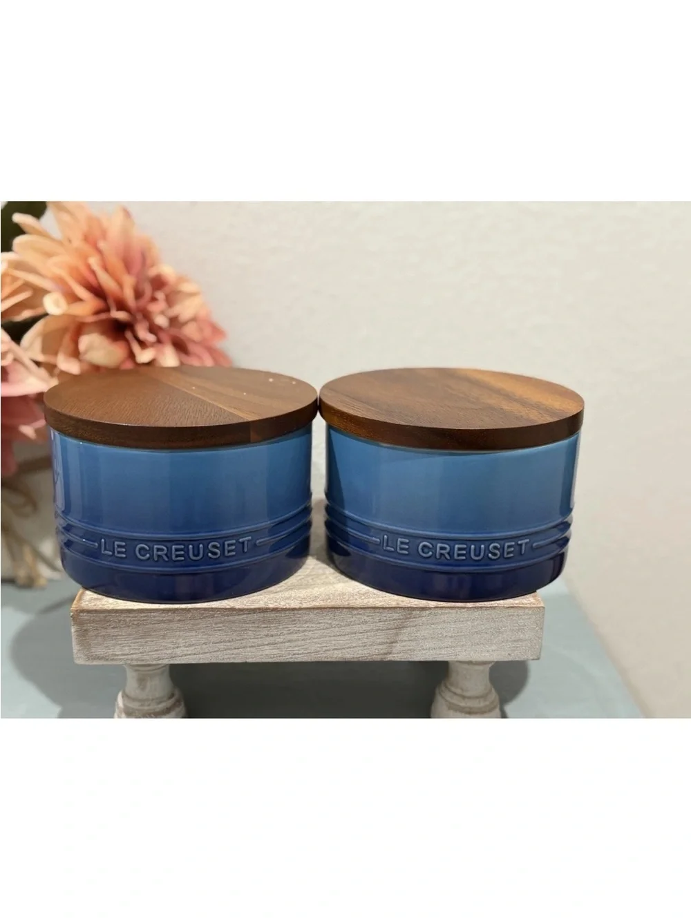 2 Le Creuset Stoneware Signature Storage Canister Wood Lid 16oz ~ AZURE BLUE